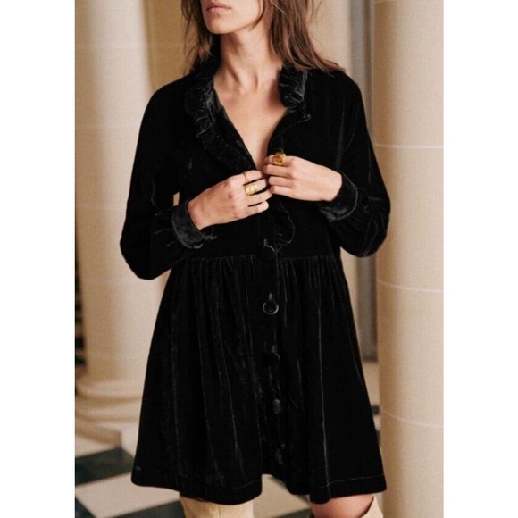 Sezane Dresses & Skirts - SEZANE Sz 42 US 10 Black Velvet Button Front Shirt Dress A-Line Sybelle